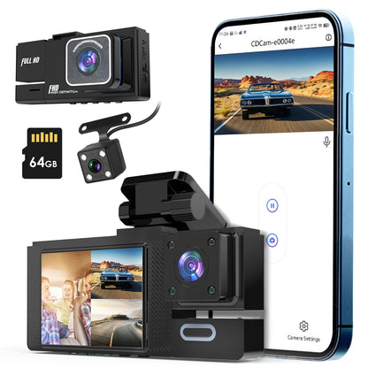 1Pc WiFi FHD 1080P Car Dash Cam 3 Channels Front Rear Inside Dash Camera With Loop Recording Reversing Image Night Vision 170 Degree Wide Angle Support 64G MMC Card Included