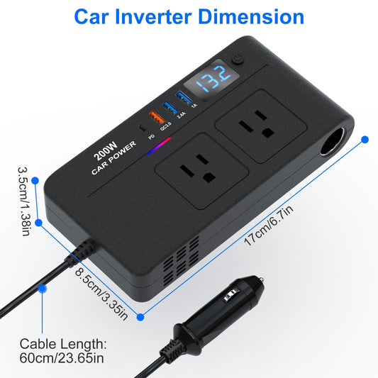 1Pc 200W 12V Car Inverter DC12V To AC110V Vehicle Power Converter With 2 110V AC Outlets 1 TypeC 3 USB Port Quick Charge Overheat Protection Voltage Display For Camping Road Trip