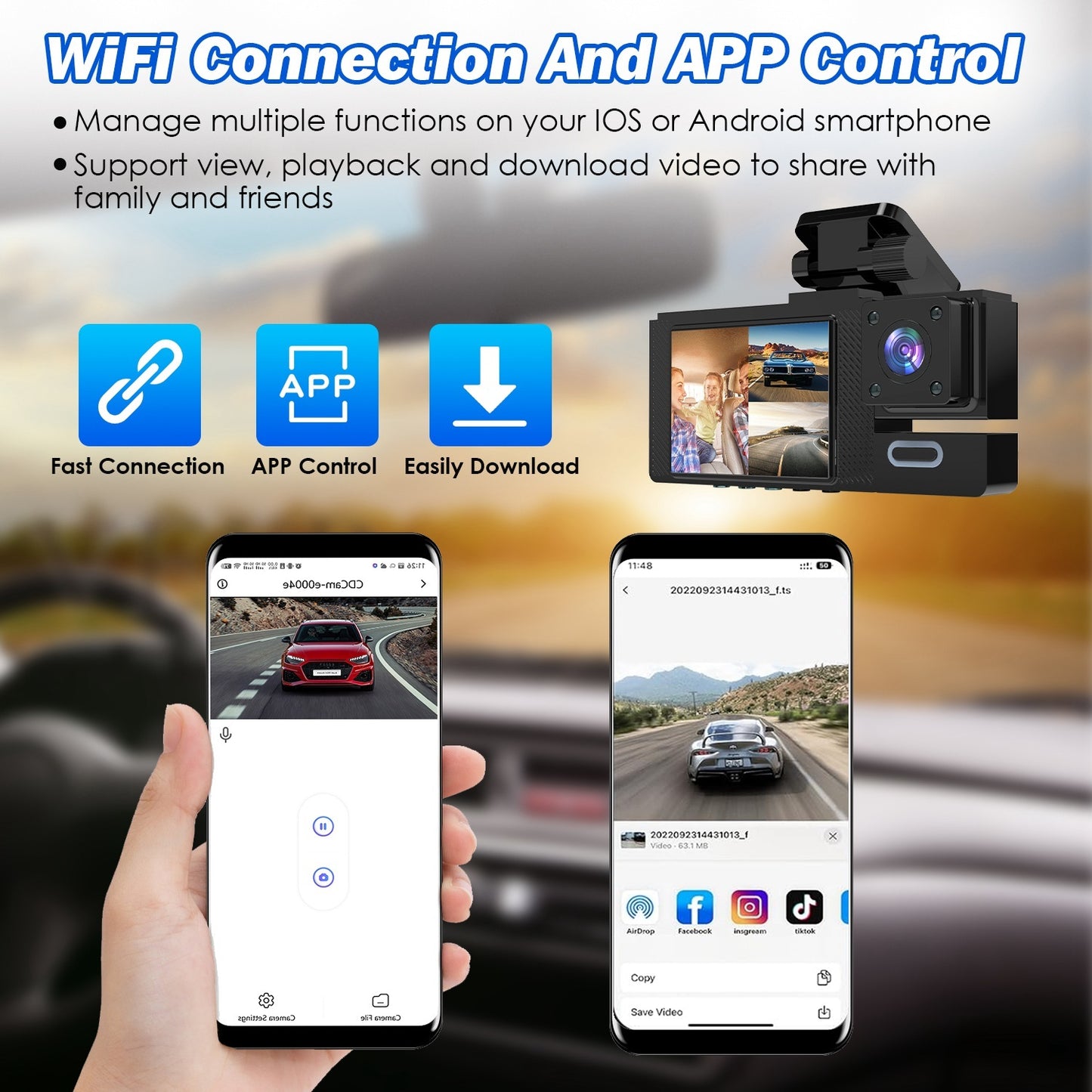 1Pc WiFi FHD 1080P Car Dash Cam 3 Channels Front Rear Inside Dash Camera With Loop Recording Reversing Image Night Vision 170 Degree Wide Angle Support 64G MMC Card Included